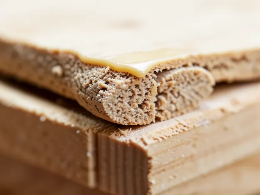 Close-up of a wood biscuit and glue in a slot cut into a plywood edge before clamping