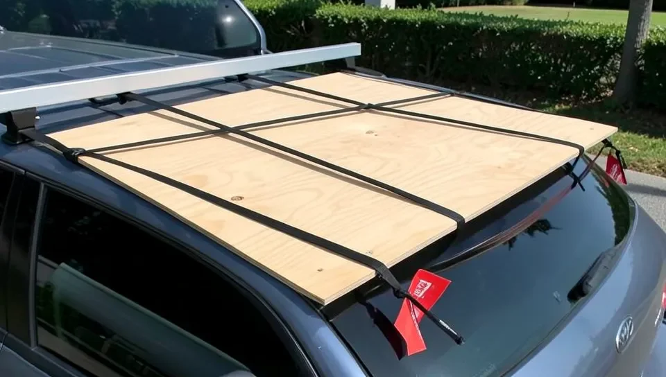 Sheet of plywood strapped flat to a car roof rack with black ratchet straps and a red safety flag on the overhanging corner