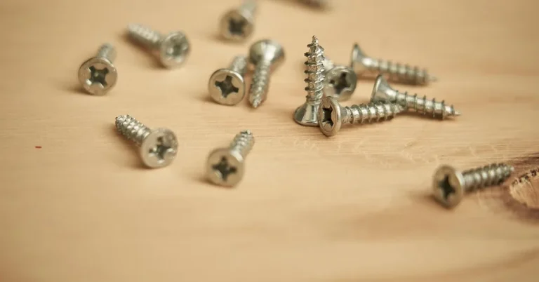 Wood screws scattered on a light wood surface