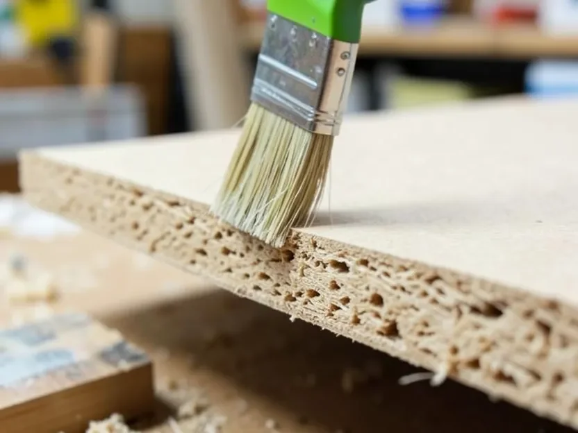 Primer sealer being brushed onto the raw, porous cut edge of an MDF board before painting
