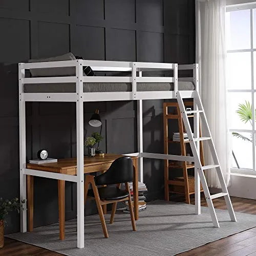 JOYMOR high wooden loft bed frame twin for kids junior teens white no box spring needed