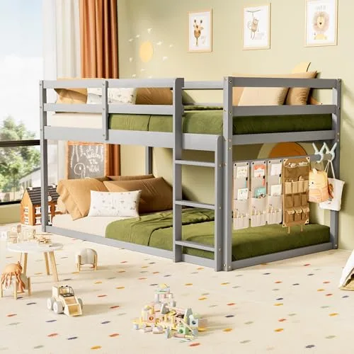 TOLEAD low wooden bunk bed twin over twin floor bunk bed with ladder and full guardrails grey