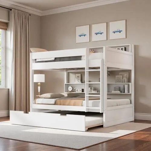 LUMISOL wood twin over twin bunk bed with trundle and storage shelves white