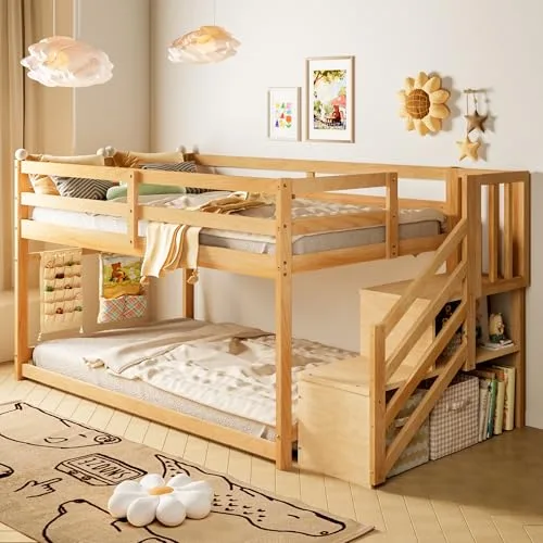TOLEAD low wooden bunk bed twin over twin with stairs and guardrails natural finish