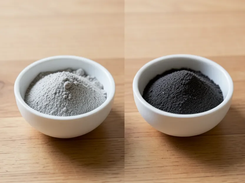 Side-by-side comparison of coarser pumice powder and finer rottenstone powder
