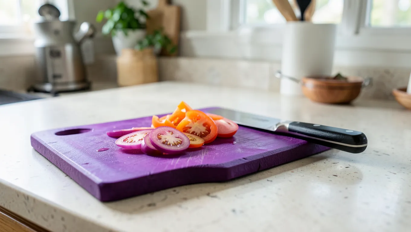 Purpleheart wood cutting board on a kitchen counter