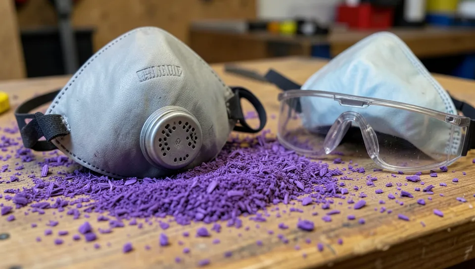 Purpleheart sawdust next to a respirator and safety glasses