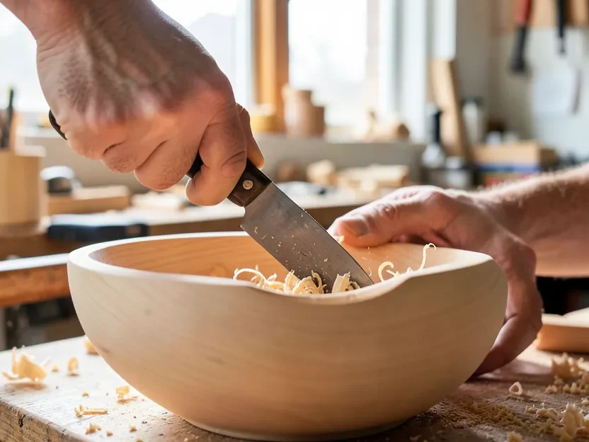 craftsman using a push cut with a carving tool to hollow a wooden bowl blank craftsman using a push cut with a carving tool to hollow a wooden bowl blank
