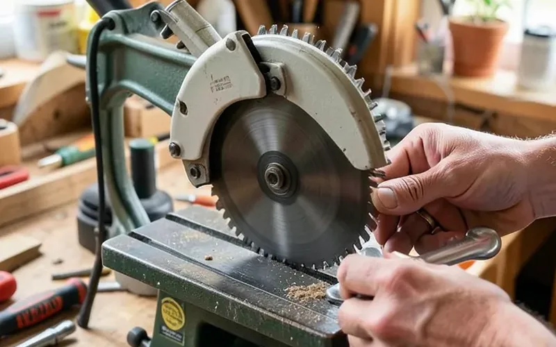 Hands replacing the blade on a radial arm saw with a wrench in a home workshop Hands replacing the blade on a radial arm saw with a wrench in a home workshop