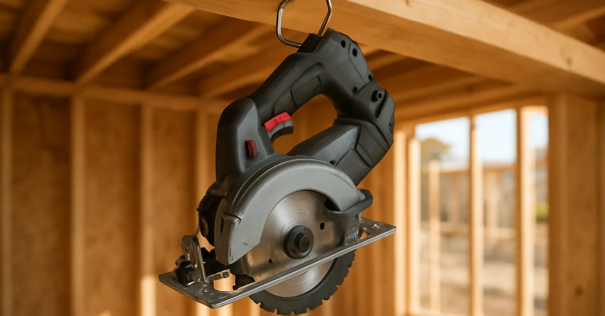 cordless worm drive circular saw hanging by its built-in rafter hook from a wood roof rafter
