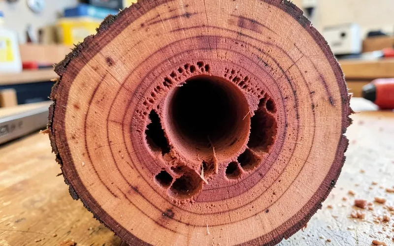close-up cross section of red oak end grain showing large open pores that run through the wood
