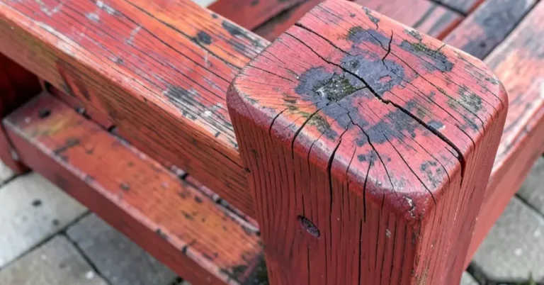 weathered red-stained outdoor wood furniture with dark cracking and moisture staining on the end grain