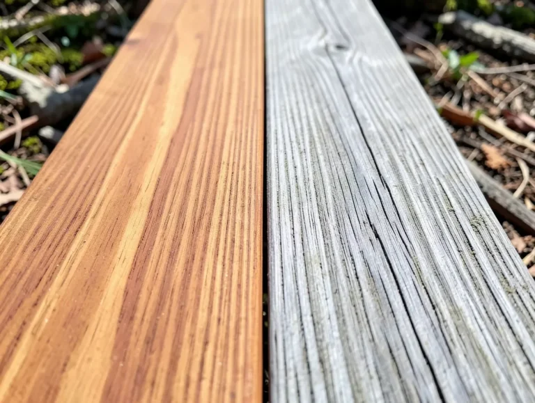 Fresh reddish-brown redwood board next to a weathered silver-grey aged redwood board