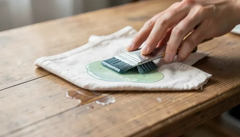 Wiping gel stain off a wood surface with a solvent-dampened cloth