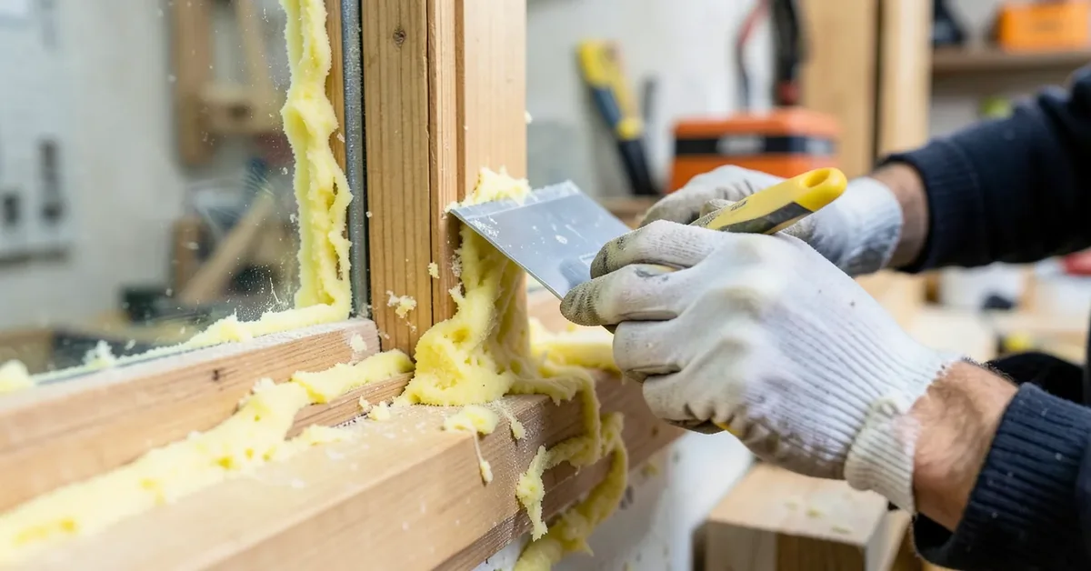 Gloved hand using a plastic putty scraper to remove cured spray foam from a wooden window frame