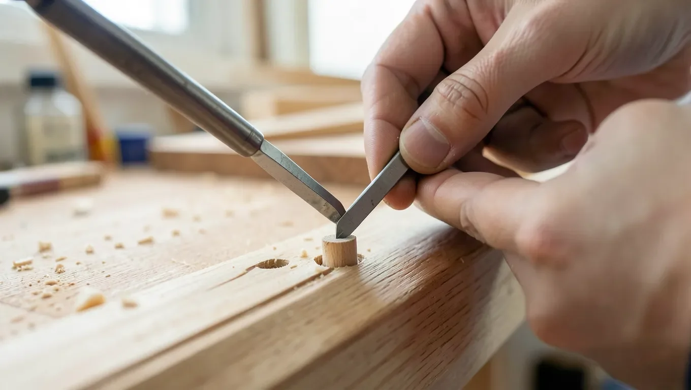 Hand using a screwdriver to gently pry a wood cap plug out of a furniture screw hole