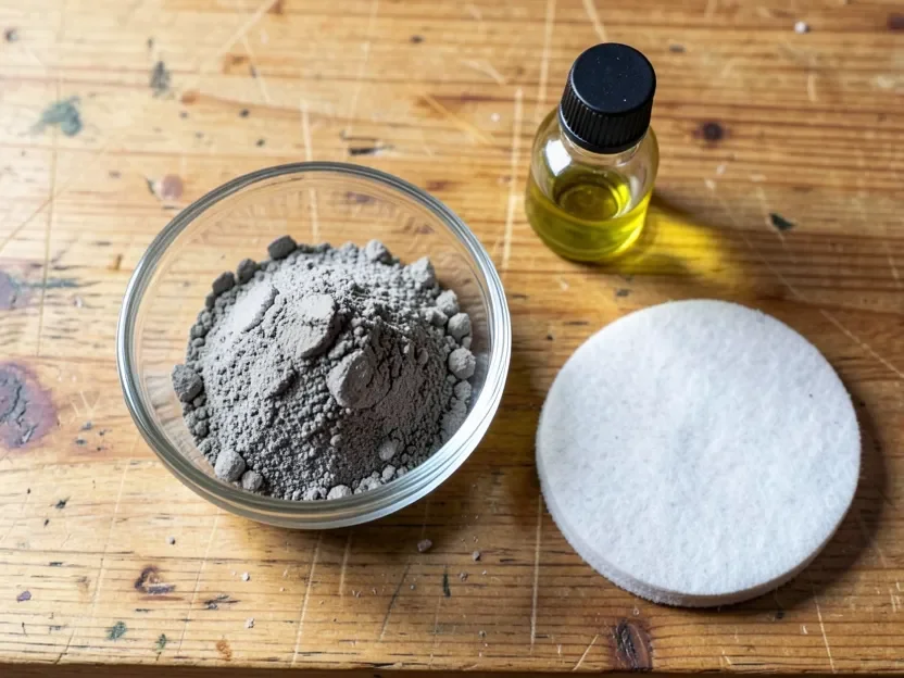 Rottenstone powder, mineral oil, and a felt polishing pad laid out on a workbench