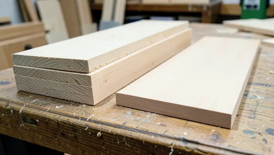 Stack of rough-sawn lumber next to smooth surfaced S4S boards showing the difference a planer makes