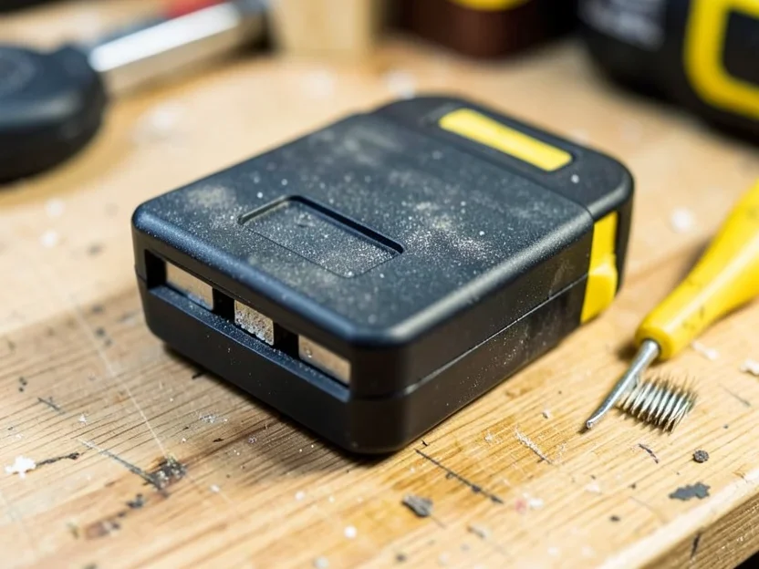 Dusty battery pack contact strips being cleaned with a small brush on a workbench
