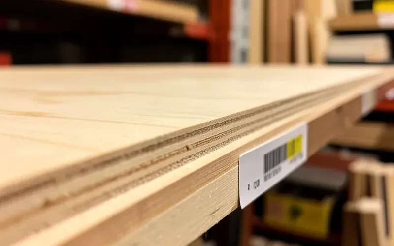 Close-up of birch plywood edge layers with a price tag at a lumber yard