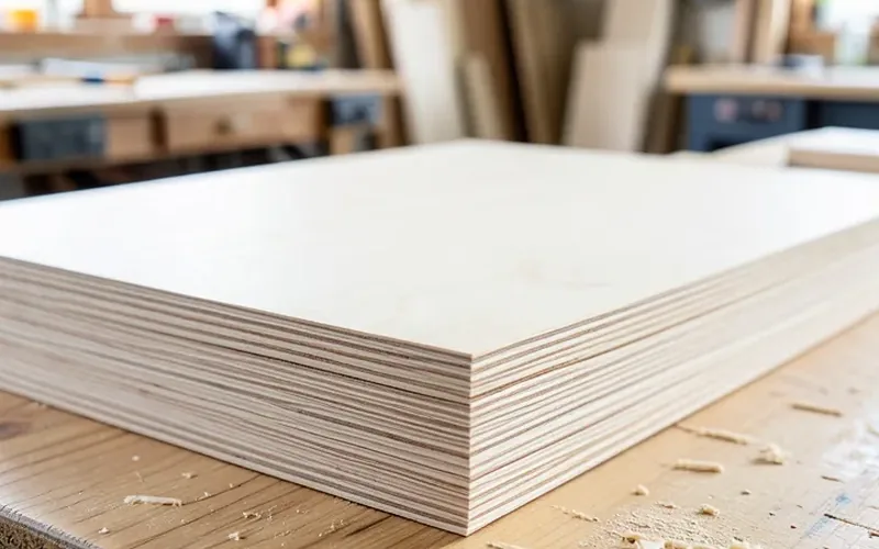 Stack of birch plywood sheets showing smooth, void-free edges