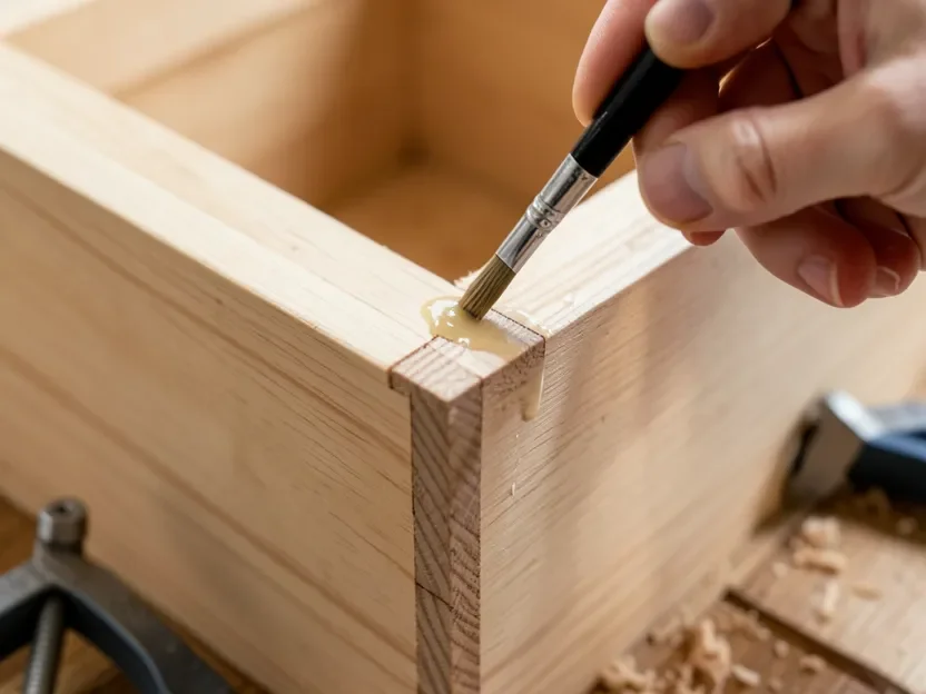Applying wood glue to a rabbet joint at the corner of a wooden toolbox