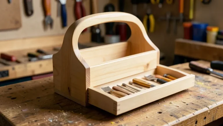 Handmade wooden tool tote with carrying handle and lift-out tray on a workbench
