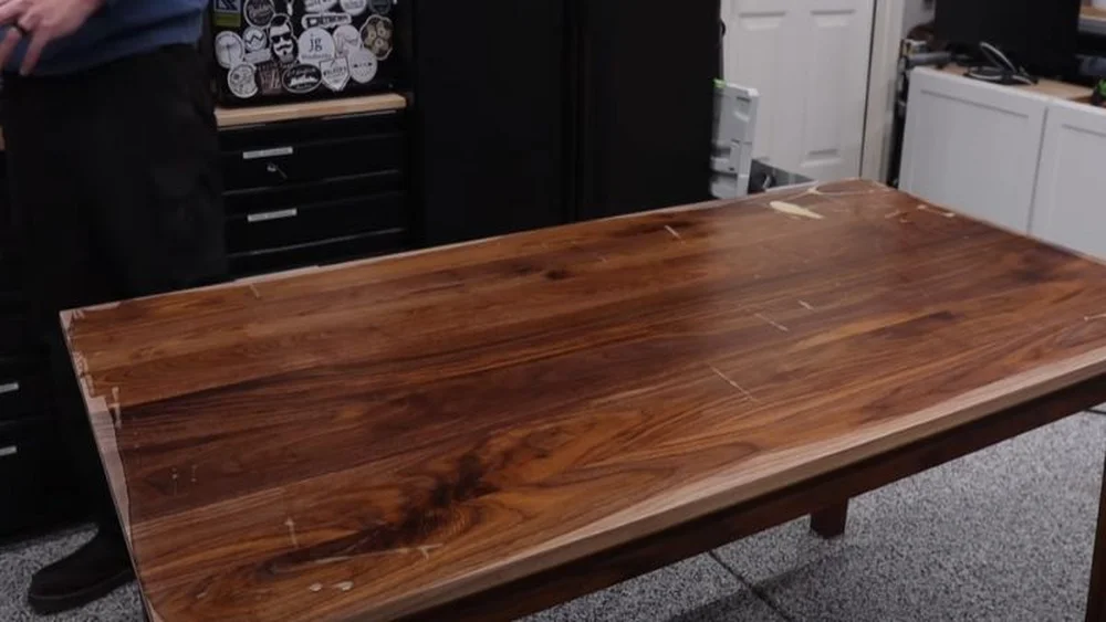 Close-up of a wood tabletop finished with Rubio Monocoat Oil Plus 2C, the specific product line that carries EN71-3 and EU food contact certification