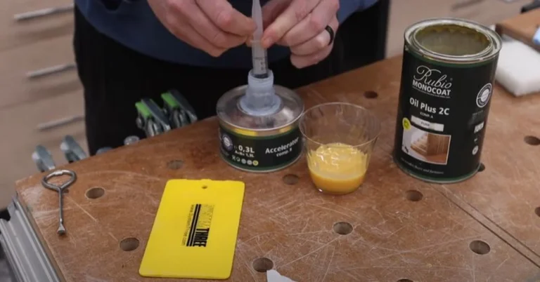 Mixing Rubio Monocoat Oil Plus 2C wood finish with the accelerator before applying to a wood surface