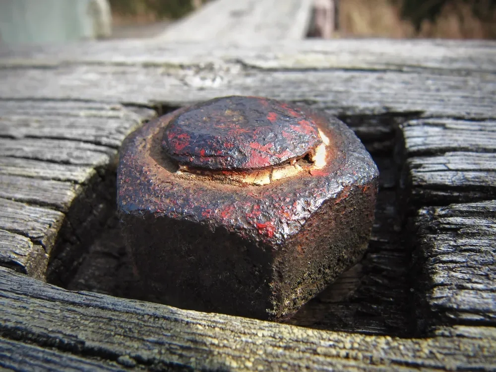 Rusted nut recessed into weathered timber showing corrosion on an unprotected steel bolt