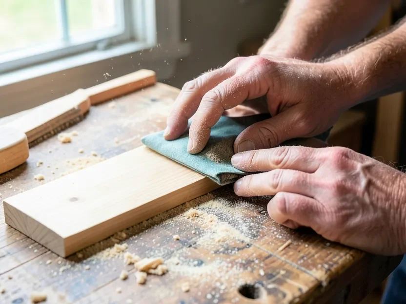 Sanding a raw maple wood board with sandpaper to prepare it for dark stain