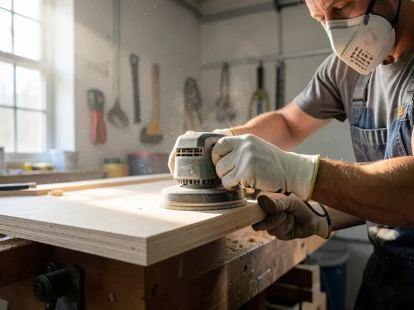 Woodworker wearing a dust mask sanding an MDF board edge with dust extraction in a ventilated workshop