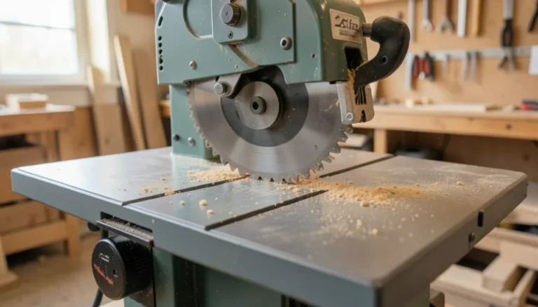 Close-up of a table saw blade and safety guard in a woodworking shop