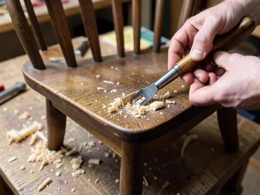 A scorp being used to hollow the seat blank of a wooden chair