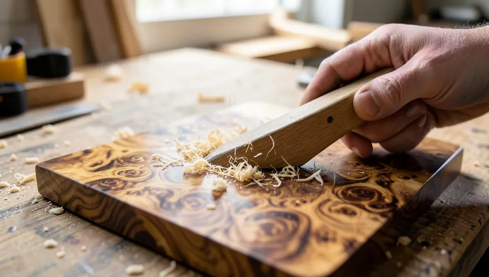 Scraper smoothing curly figured maple grain without tearout