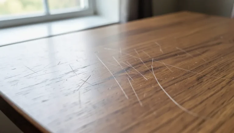 Close-up of light scratches on a wood veneer tabletop surface catching window light