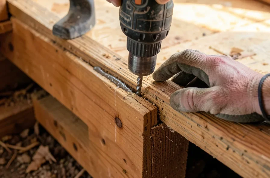 Driving a screw with construction adhesive through a subfloor into a joist from below