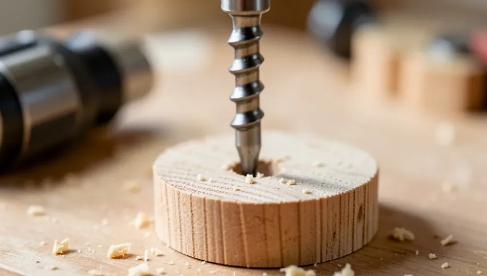 A screw extractor bit threaded into a drilled hole in a wood plug