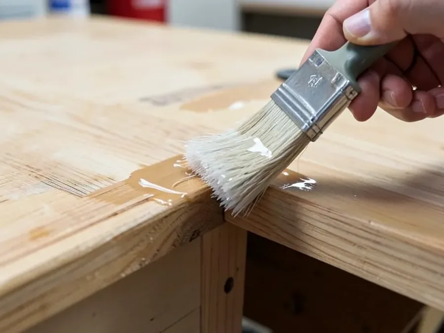 Applying clear waterproof sealant along the edge seam of a wood vanity top with a foam brush