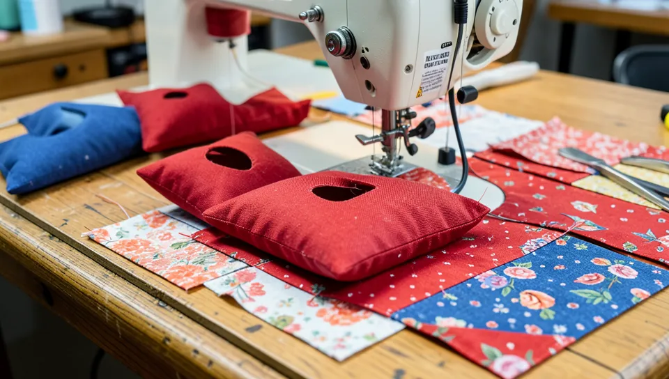 Sewing homemade cornhole bean bags with red and blue duck cloth fabric