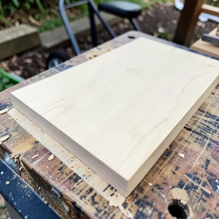 Close-up of a solid maple wood board showing its fine straight grain
