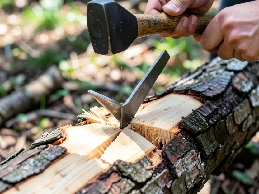 Steel splitting wedge driven into a log with a sledgehammer, wood splitting apart