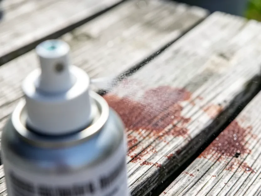 Fine spray mist applying a thin coat of Krylon-style wood stain to weathered deck boards