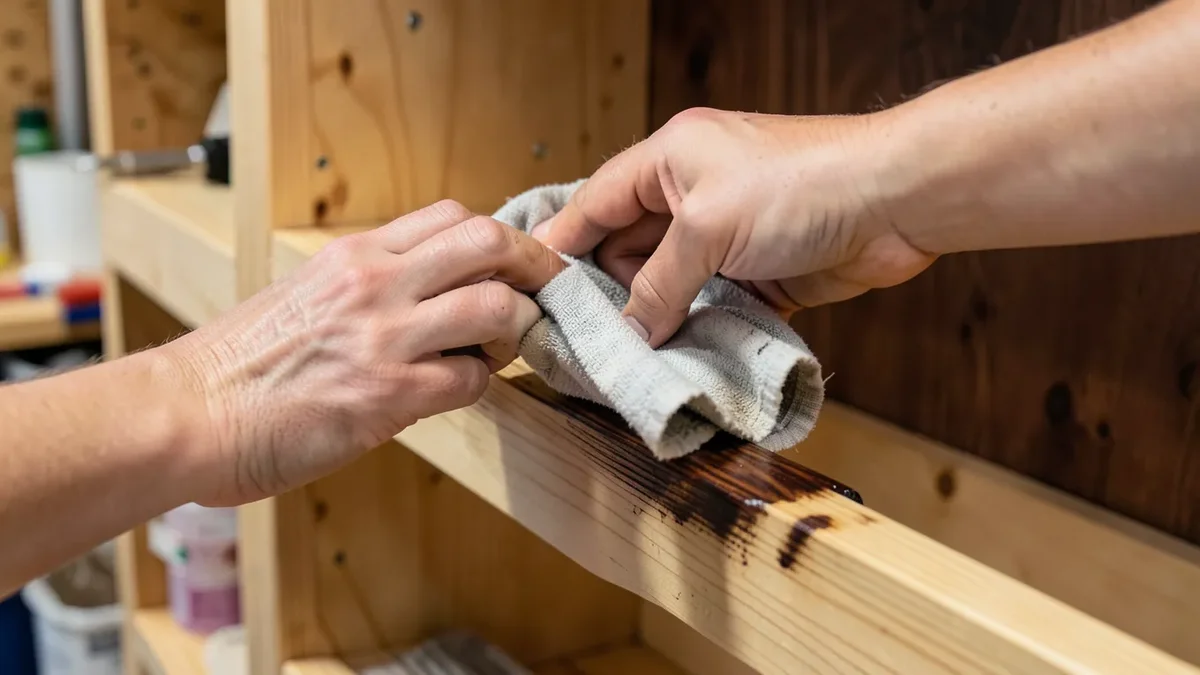 Applying dark walnut wood stain to a pine bookshelf with a cloth rag