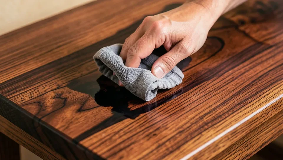 Applying wood stain to a mango wood tabletop