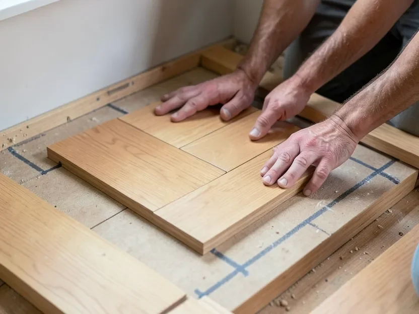 Hardwood flooring planks dry-laid on a stair landing showing board direction