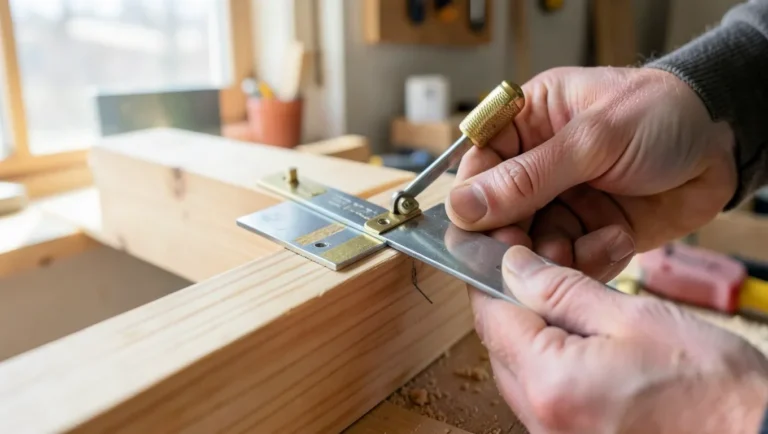 Carpenter marking a stair stringer cut line with a framing square and stair gauges