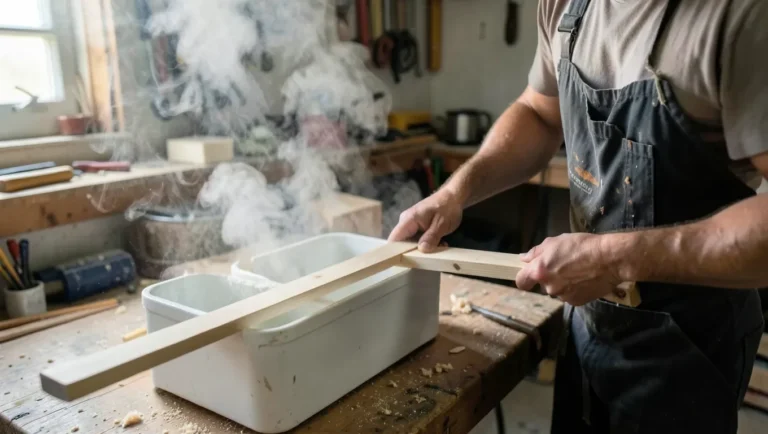 Woodworker pulling a steamed wood strip from a PVC steam box