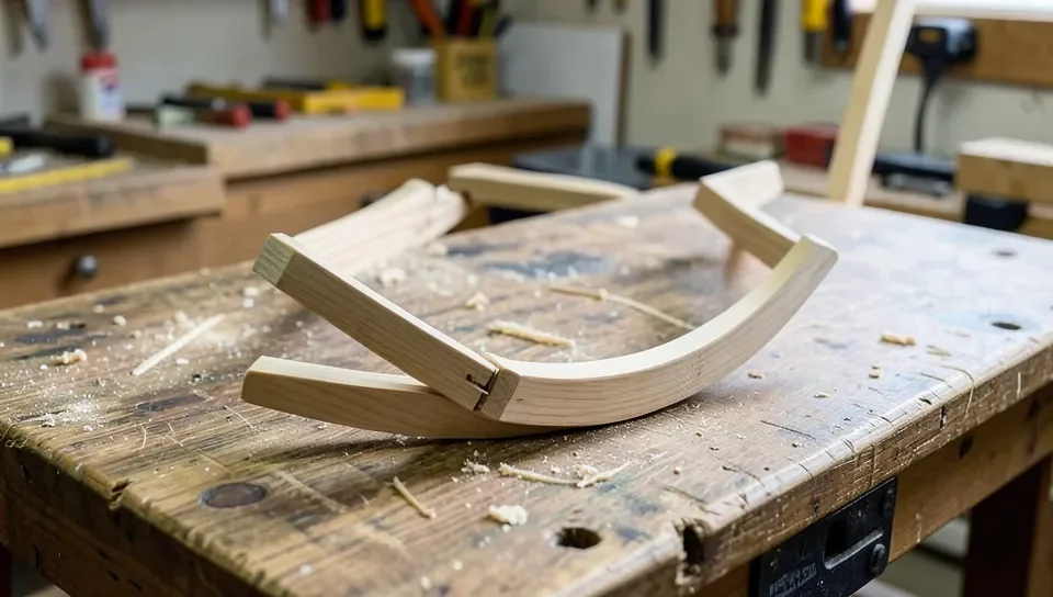 Steamed wood strip clamped into a curved bending form to shape a rocking chair rocker