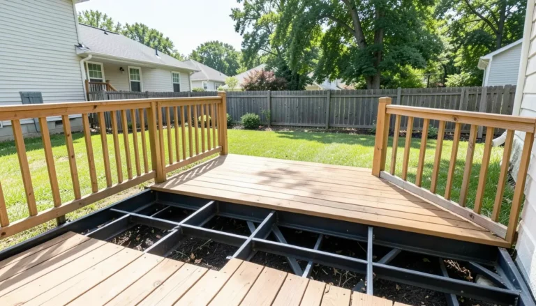 Outdoor deck with steel structural framing underneath